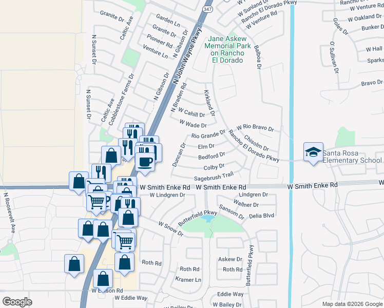 map of restaurants, bars, coffee shops, grocery stores, and more near 43848 Bedford Drive in Maricopa