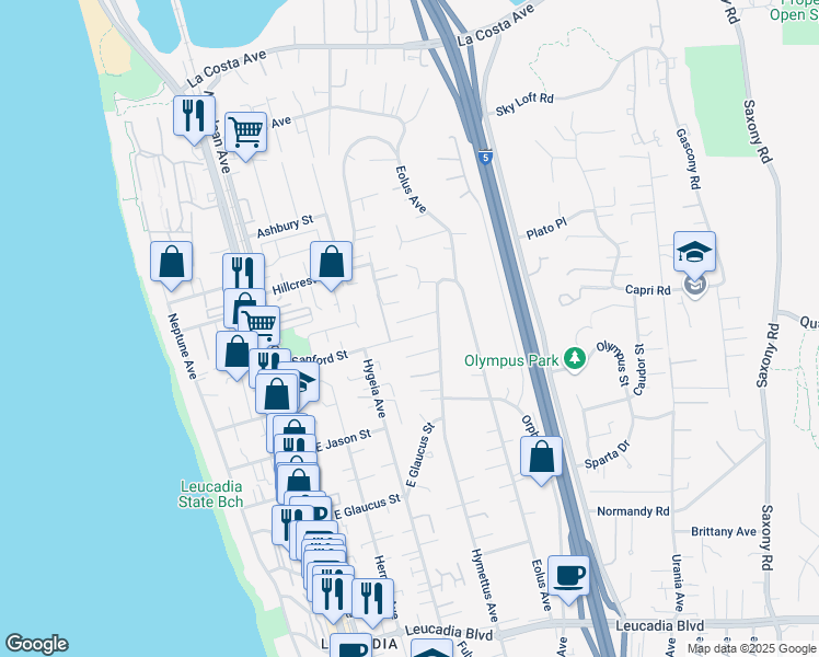 map of restaurants, bars, coffee shops, grocery stores, and more near 365 Shore View Lane in Encinitas