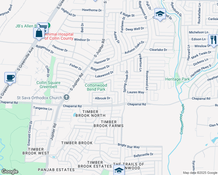 map of restaurants, bars, coffee shops, grocery stores, and more near 1401 Mountain Side Drive in Allen