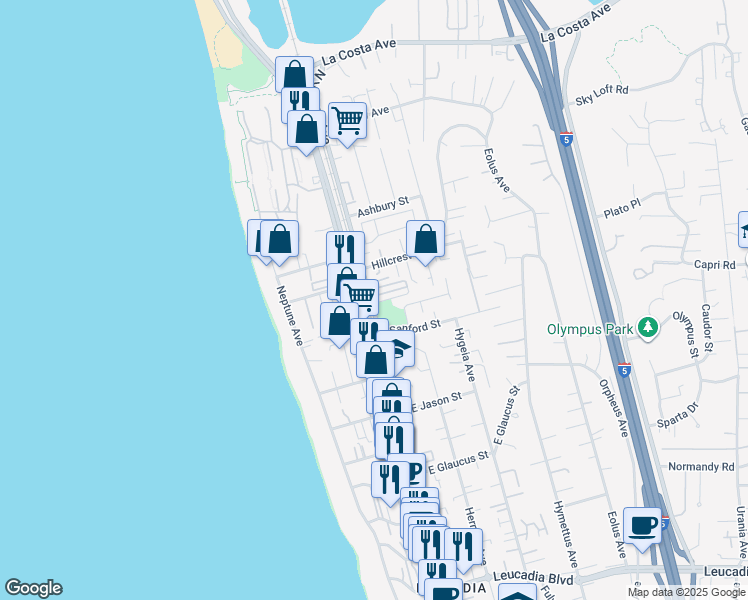 map of restaurants, bars, coffee shops, grocery stores, and more near 1549 North Vulcan Avenue in Encinitas