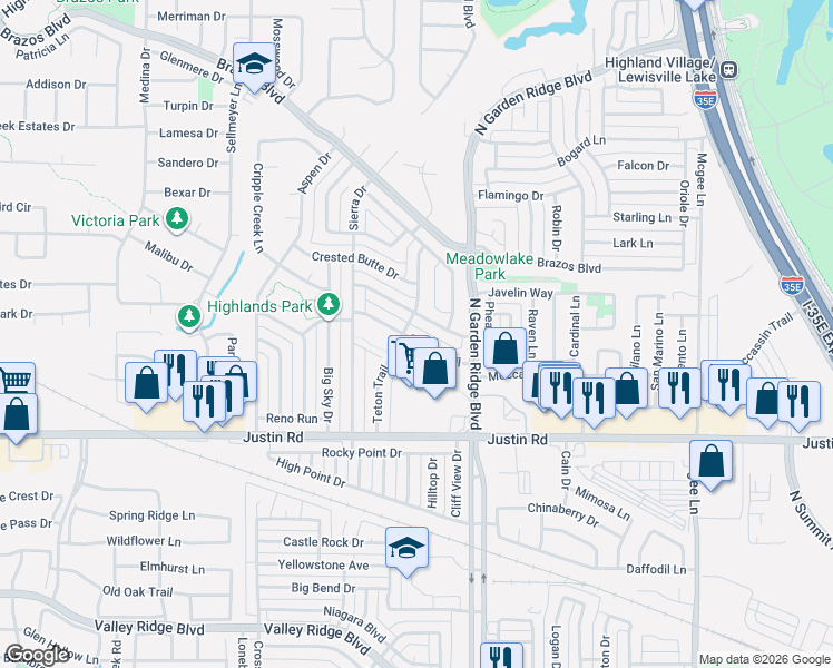 map of restaurants, bars, coffee shops, grocery stores, and more near 1521 Snow Trail in Lewisville
