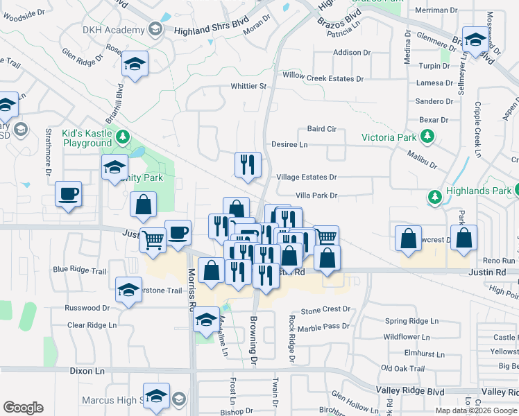 map of restaurants, bars, coffee shops, grocery stores, and more near 2016 Highland Village Road in Highland Village
