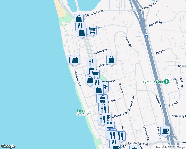 map of restaurants, bars, coffee shops, grocery stores, and more near North Coast Highway 101 in Encinitas