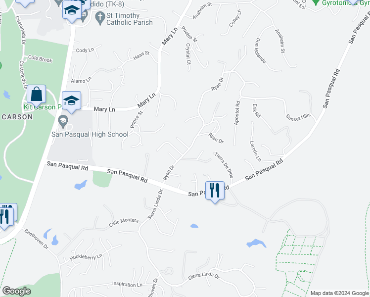 map of restaurants, bars, coffee shops, grocery stores, and more near 3527 Ryan Drive in Escondido