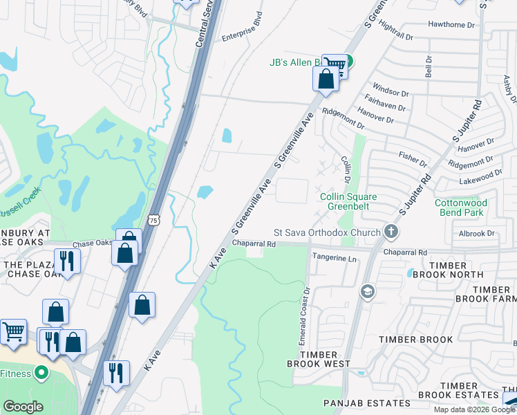 map of restaurants, bars, coffee shops, grocery stores, and more near 1501 South Greenville Avenue in Allen