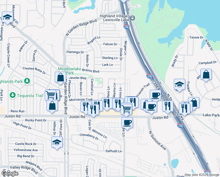 map of restaurants, bars, coffee shops, grocery stores, and more near 2028 San Marino Lane in Lewisville