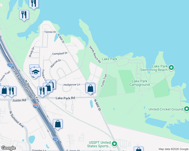 map of restaurants, bars, coffee shops, grocery stores, and more near 2101 Lakeview Circle in Lewisville
