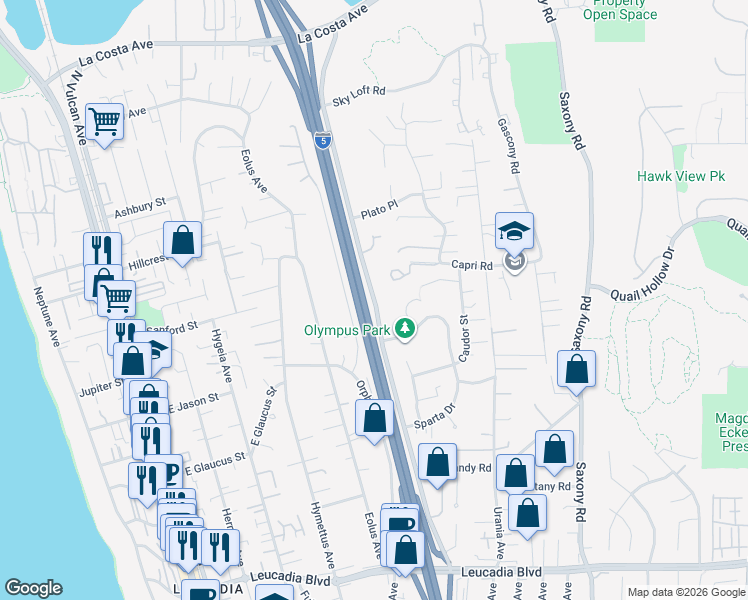 map of restaurants, bars, coffee shops, grocery stores, and more near Piraeus Street in Encinitas