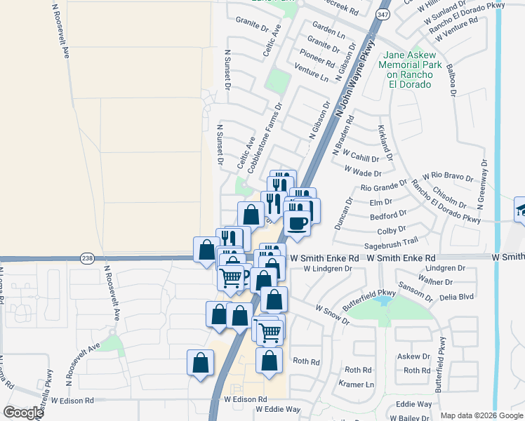 map of restaurants, bars, coffee shops, grocery stores, and more near 21499 Greenland Park Drive in Maricopa