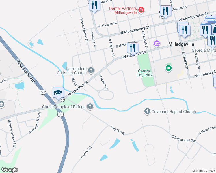map of restaurants, bars, coffee shops, grocery stores, and more near 324 Glenhaven Drive in Milledgeville