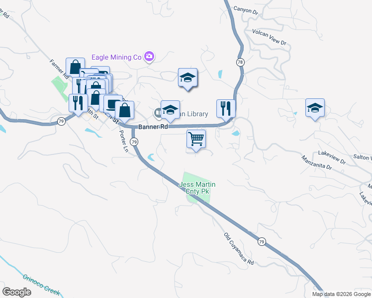 map of restaurants, bars, coffee shops, grocery stores, and more near 2645 Apple Lane in Julian