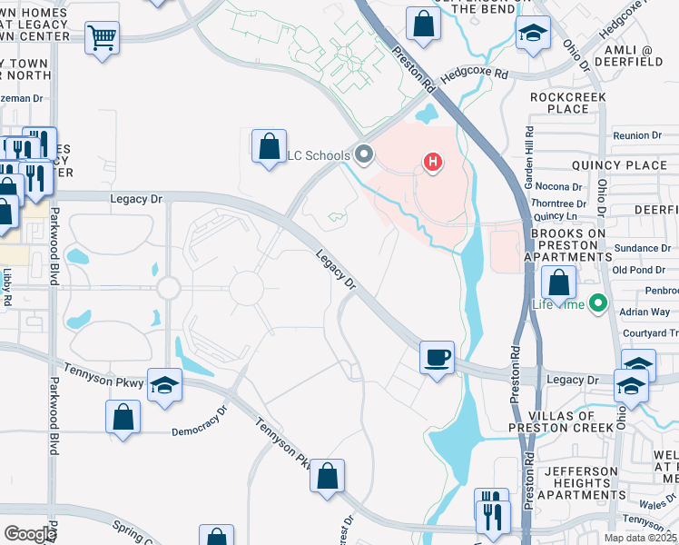 map of restaurants, bars, coffee shops, grocery stores, and more near 5340 Legacy Drive in Plano