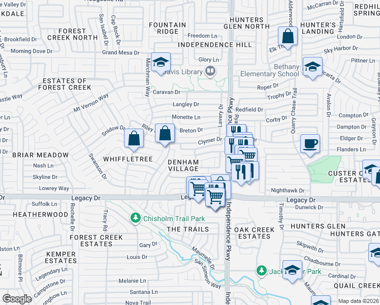 map of restaurants, bars, coffee shops, grocery stores, and more near 3133 Charring Cross in Plano