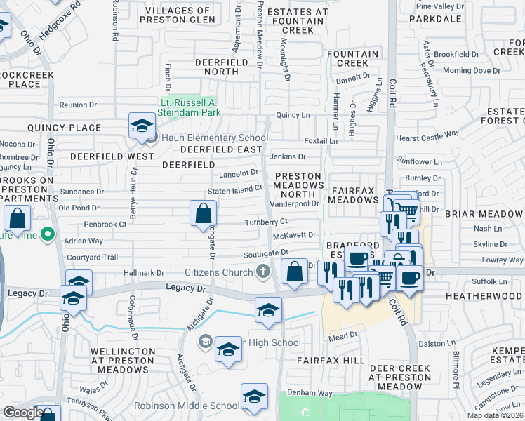 map of restaurants, bars, coffee shops, grocery stores, and more near 4508 Old Pond Drive in Plano