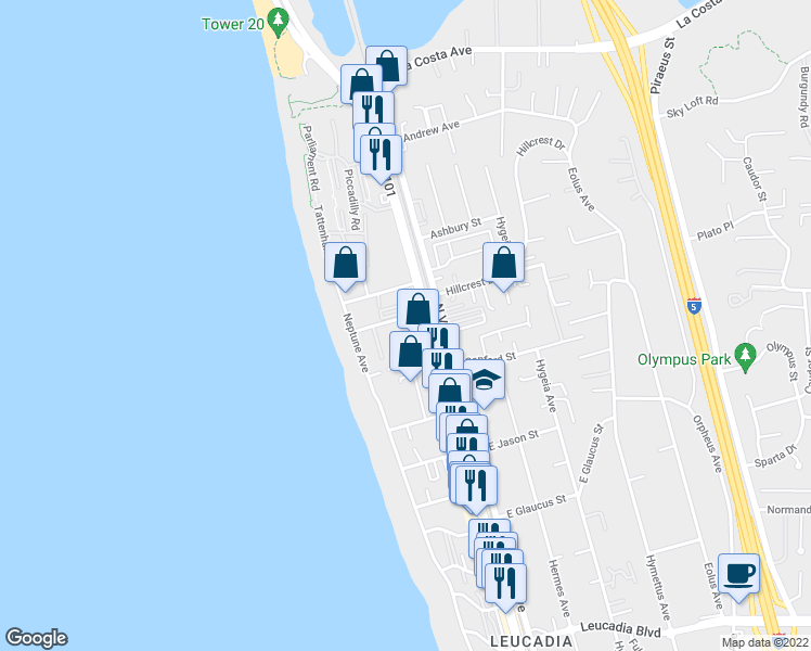 map of restaurants, bars, coffee shops, grocery stores, and more near 1588 North Coast Highway 101 in Encinitas