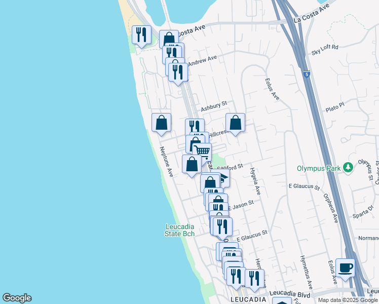 map of restaurants, bars, coffee shops, grocery stores, and more near 125 Avocado Street in Encinitas
