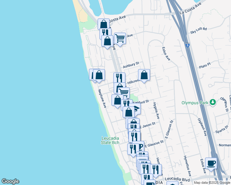 map of restaurants, bars, coffee shops, grocery stores, and more near 135 Avocado Street in Encinitas