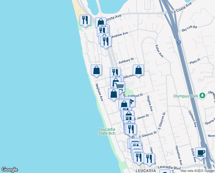 map of restaurants, bars, coffee shops, grocery stores, and more near 161 Avocado Street in Encinitas