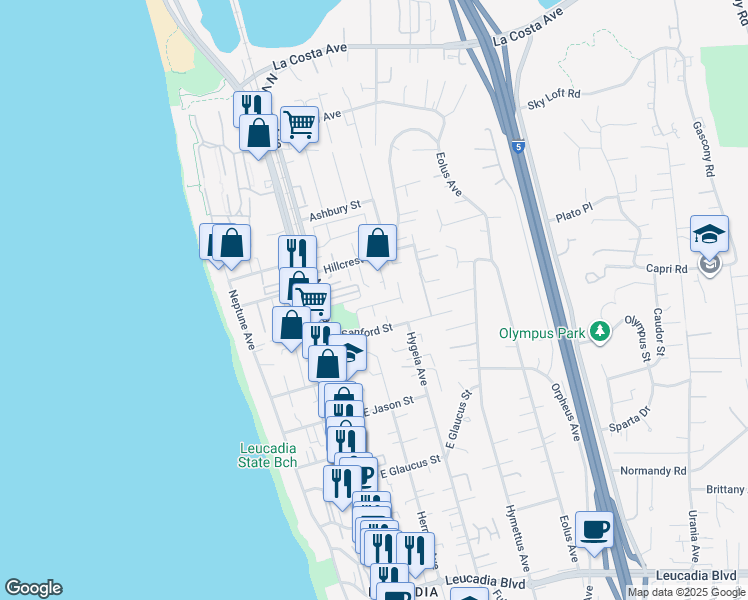 map of restaurants, bars, coffee shops, grocery stores, and more near 226 Rain Tree Drive in Encinitas