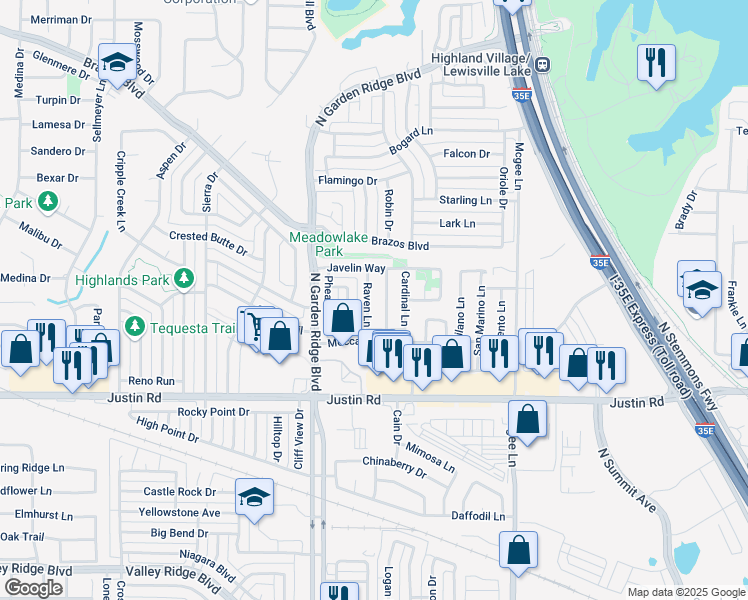 map of restaurants, bars, coffee shops, grocery stores, and more near 2025 Raven Lane in Lewisville