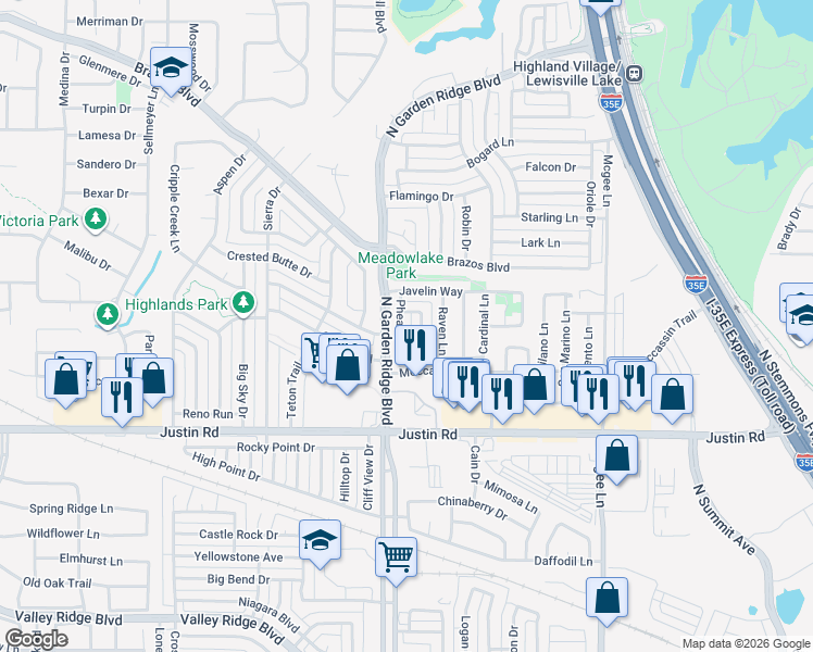 map of restaurants, bars, coffee shops, grocery stores, and more near 2025 Pheasant Dr in Lewisville