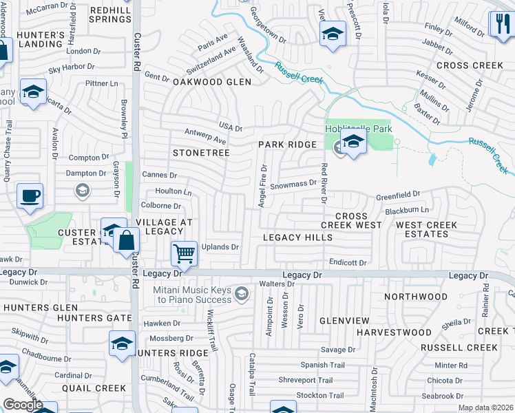 map of restaurants, bars, coffee shops, grocery stores, and more near 7301 Tenerife Drive in Plano
