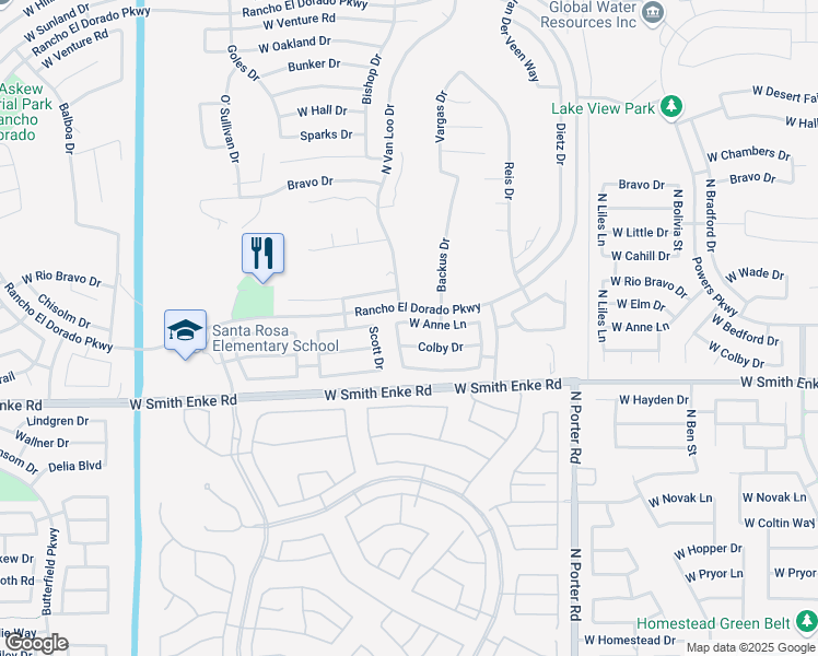 map of restaurants, bars, coffee shops, grocery stores, and more near 42043 Anne Lane in Maricopa