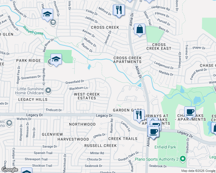 map of restaurants, bars, coffee shops, grocery stores, and more near 7309 Springfield Drive in Plano