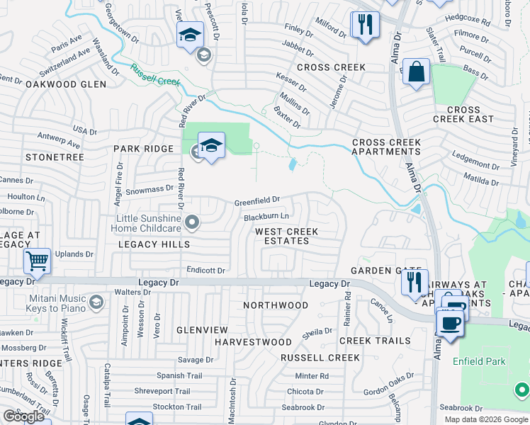 map of restaurants, bars, coffee shops, grocery stores, and more near 1425 Blackburn Lane in Plano