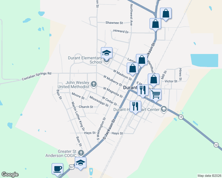 map of restaurants, bars, coffee shops, grocery stores, and more near 237 West Magnolia Street in Durant
