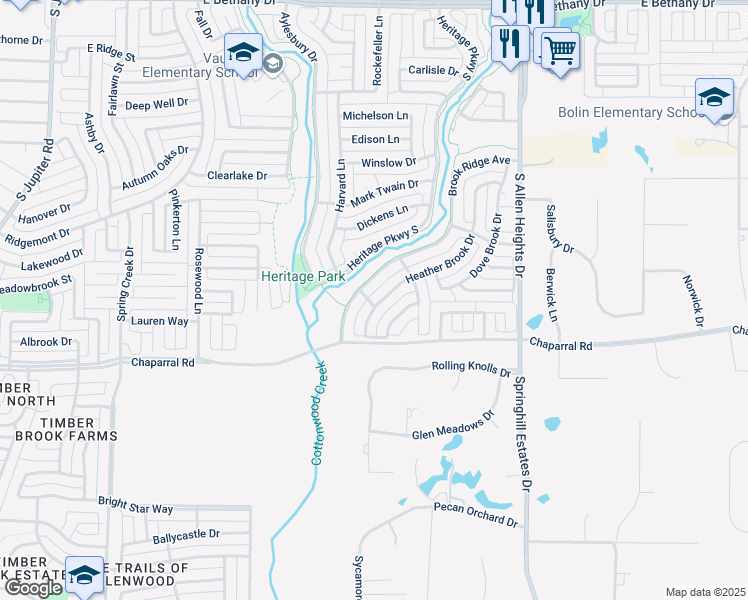 map of restaurants, bars, coffee shops, grocery stores, and more near 1420 Heather Brook Drive in Allen