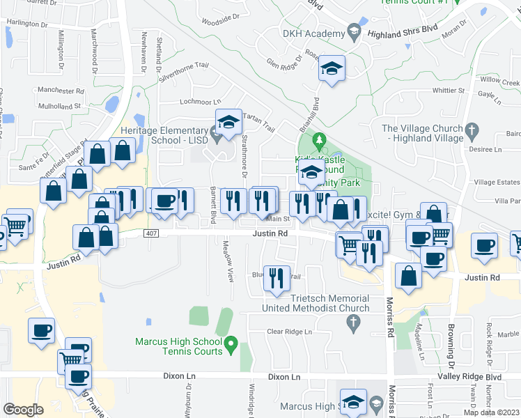 map of restaurants, bars, coffee shops, grocery stores, and more near 401 Lincoln Court in Lewisville
