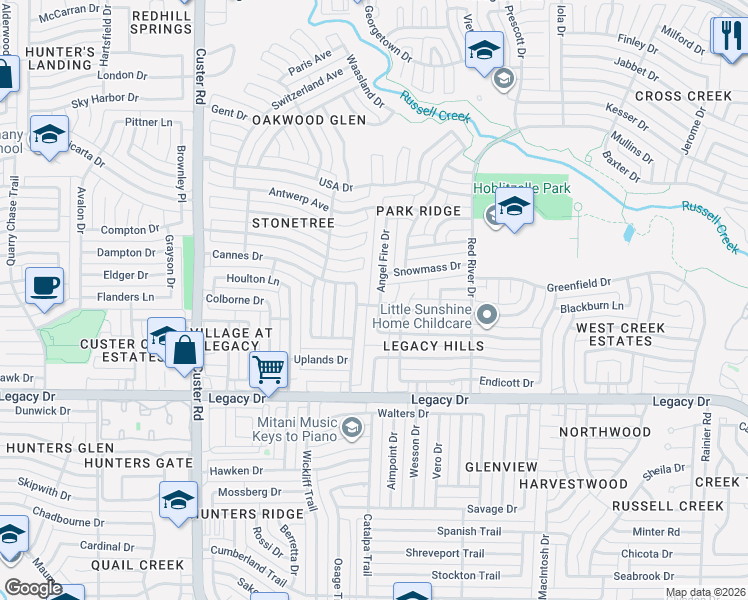 map of restaurants, bars, coffee shops, grocery stores, and more near 7301 Tenerife Drive in Plano