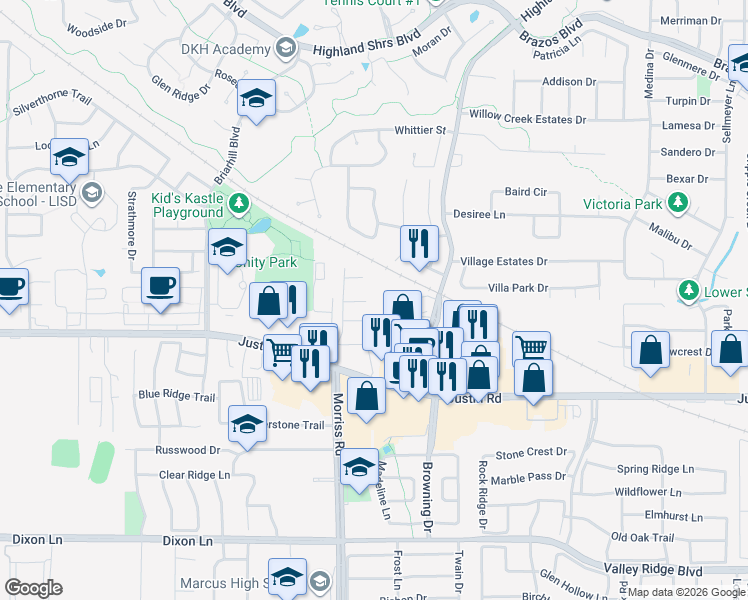 map of restaurants, bars, coffee shops, grocery stores, and more near 2400 High Chapel Court in Highland Village