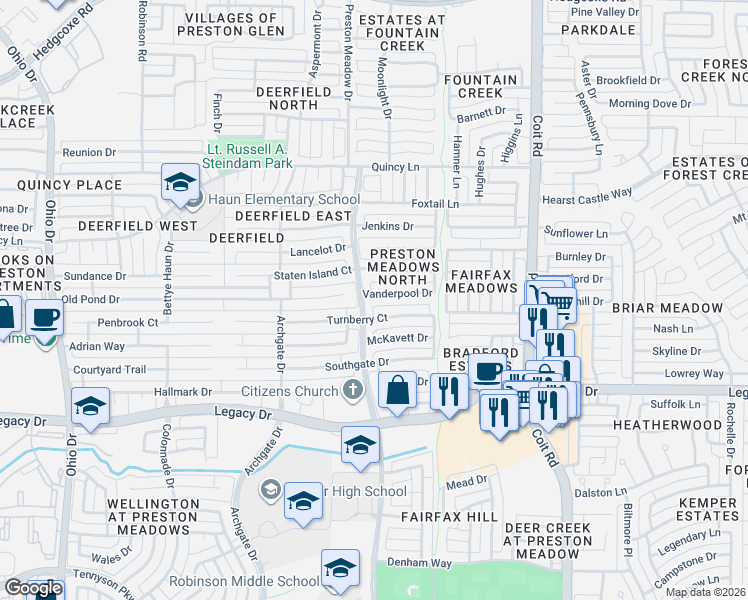map of restaurants, bars, coffee shops, grocery stores, and more near 4416 Vanderpool Drive in Plano