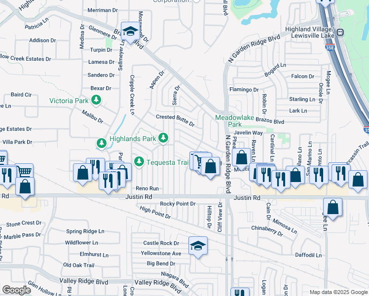 map of restaurants, bars, coffee shops, grocery stores, and more near 1532 Snow Trail in Lewisville