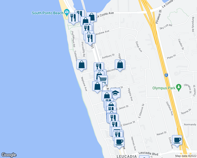 map of restaurants, bars, coffee shops, grocery stores, and more near 1588 North Coast Highway 101 in Encinitas