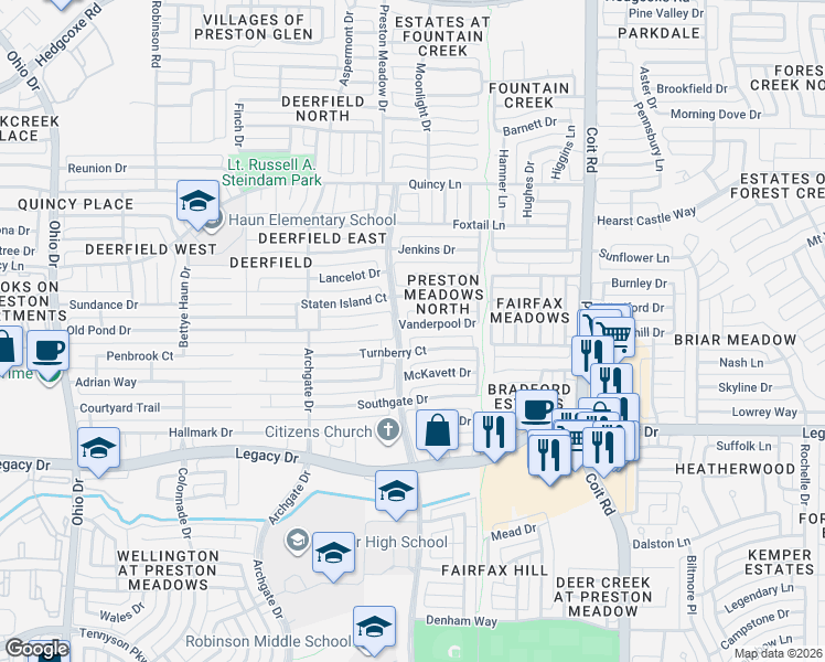 map of restaurants, bars, coffee shops, grocery stores, and more near 4416 Vanderpool Drive in Plano