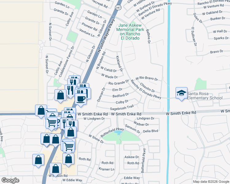map of restaurants, bars, coffee shops, grocery stores, and more near 43767 Elm Drive in Maricopa