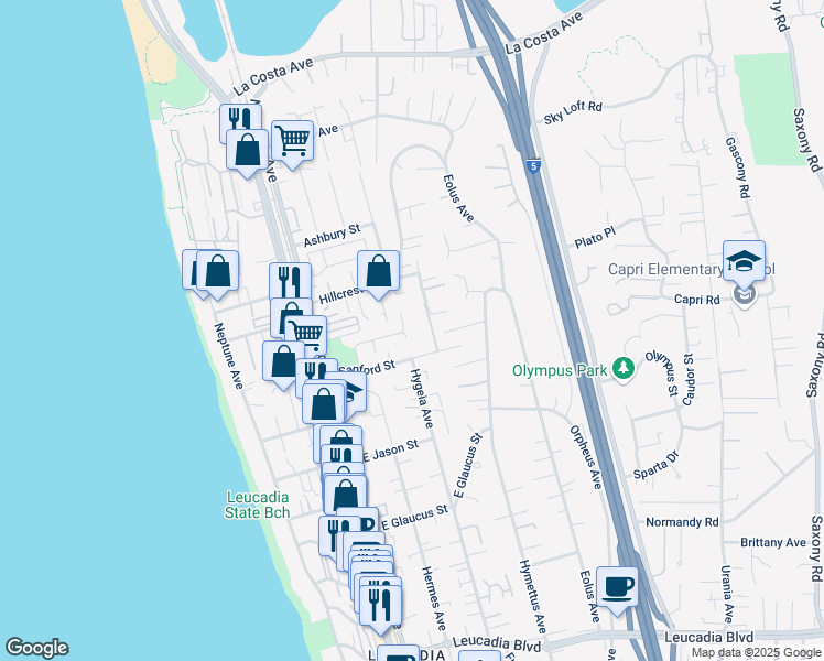 map of restaurants, bars, coffee shops, grocery stores, and more near 283 Rain Tree Drive in Encinitas