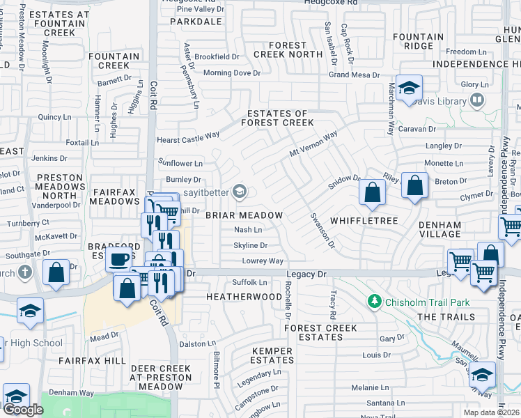 map of restaurants, bars, coffee shops, grocery stores, and more near 3725 Stoneway Drive in Plano