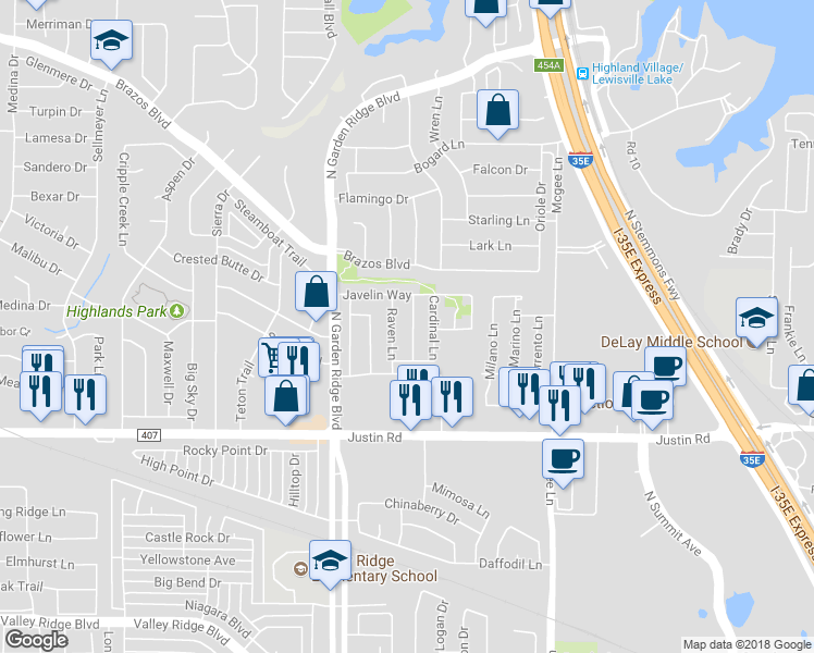 map of restaurants, bars, coffee shops, grocery stores, and more near 2028 Mallard Drive in Lewisville