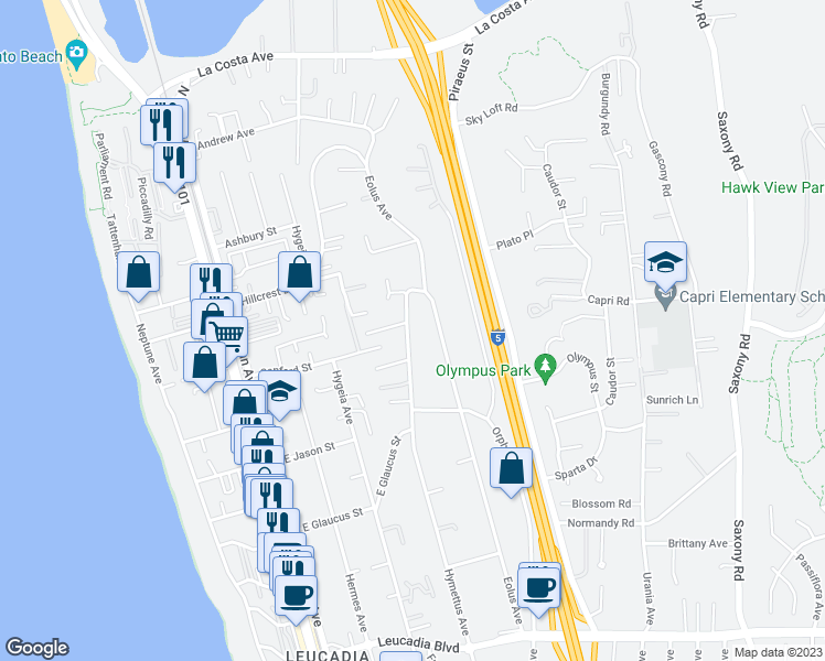 map of restaurants, bars, coffee shops, grocery stores, and more near 1445 Hymettus Avenue in Encinitas
