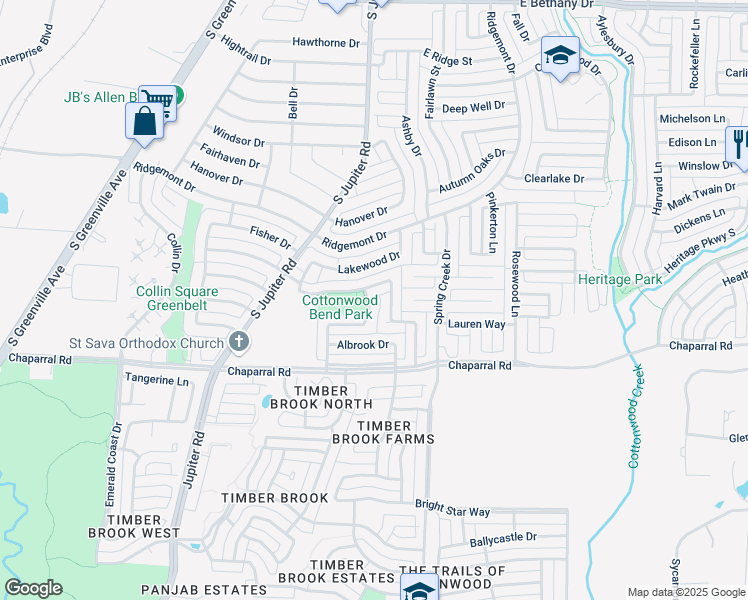 map of restaurants, bars, coffee shops, grocery stores, and more near 1401 Mountain Side Drive in Allen