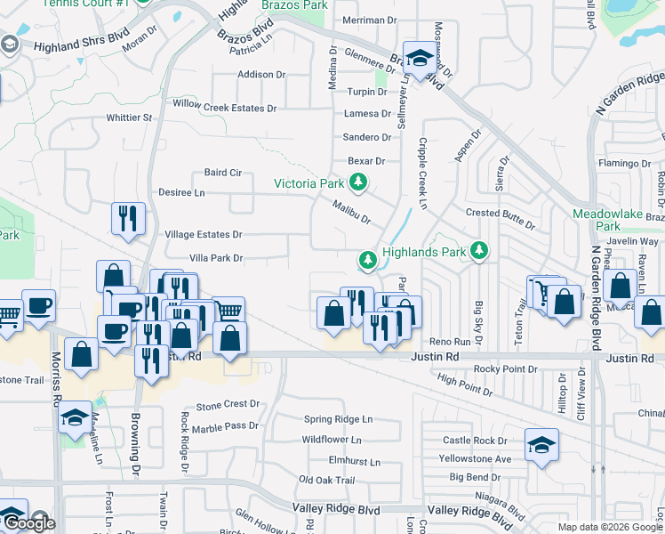 map of restaurants, bars, coffee shops, grocery stores, and more near 613 Arbor Court in Highland Village
