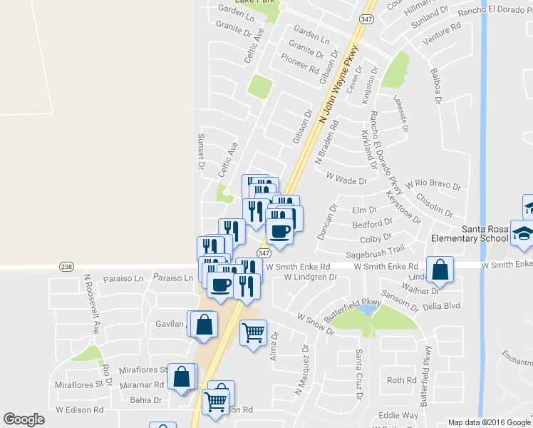 map of restaurants, bars, coffee shops, grocery stores, and more near 21600 North John Wayne Parkway in Maricopa
