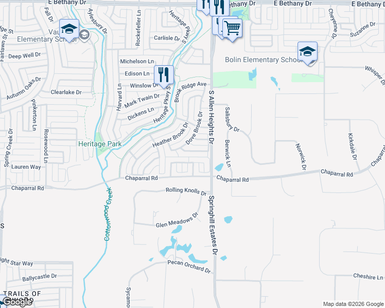 map of restaurants, bars, coffee shops, grocery stores, and more near 1118 Elmbrook Court in Allen