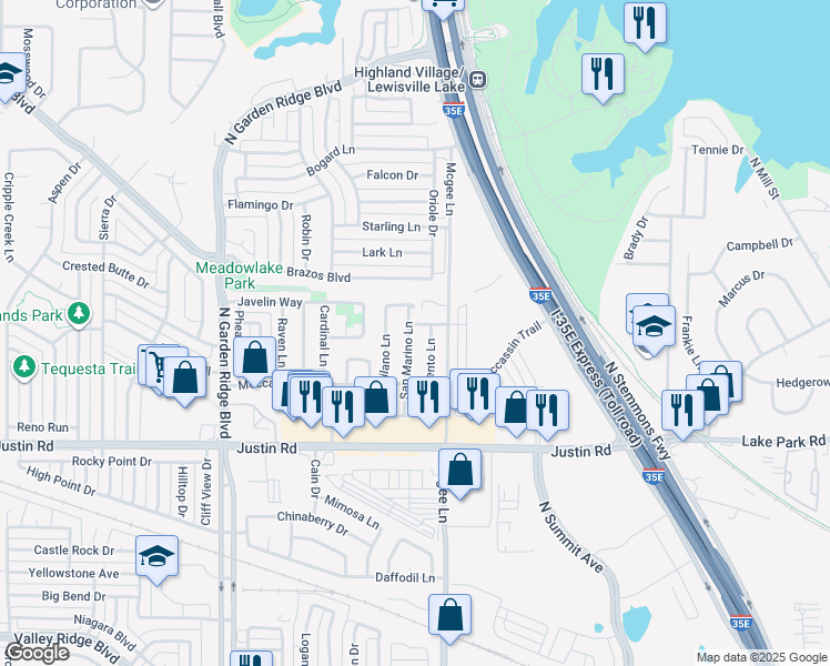map of restaurants, bars, coffee shops, grocery stores, and more near 2028 San Marino Lane in Lewisville