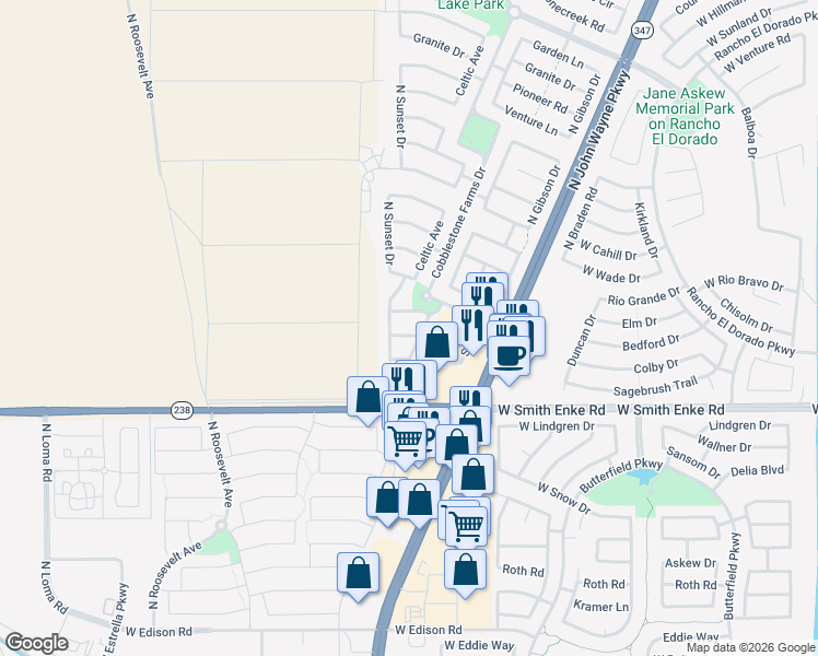 map of restaurants, bars, coffee shops, grocery stores, and more near 44600 West Santa Fe Avenue in Maricopa