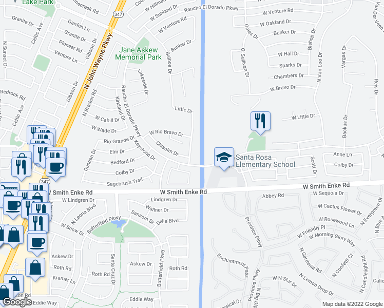 map of restaurants, bars, coffee shops, grocery stores, and more near 21501 Greenway Road in Maricopa